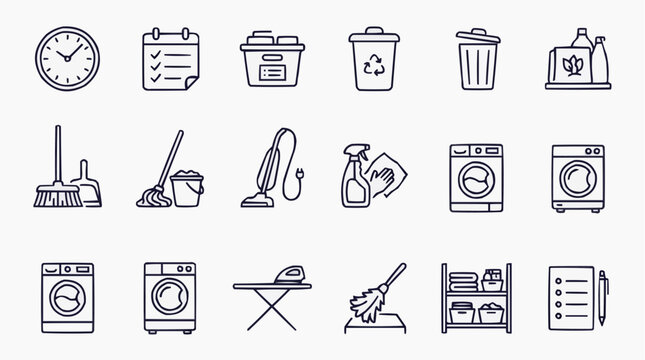 Cleaning Service Icons: A collection of clean and modern line art icons representing various cleaning tools and appliances, perfect for illustrating household chores and professional services.