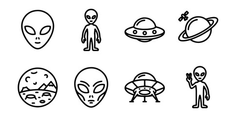 Alien Icons Set, UFO Symbols, Space Creatures, Extraterrestrial Vector Graphics © KHAN