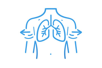 Obraz premium Blue glowing line art of human lungs and chest with breathing arrows, respiratory health vector illustration isolated on transparent background