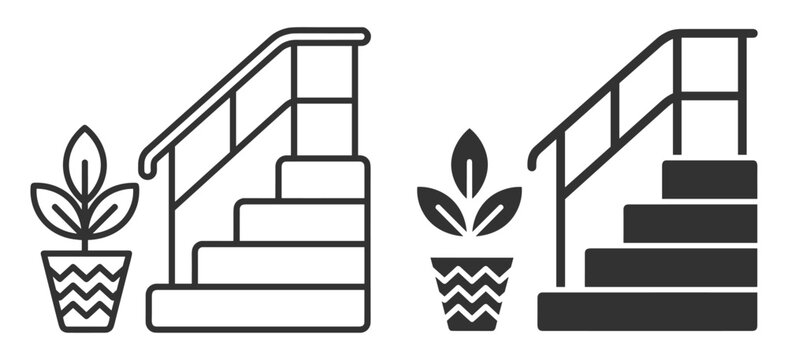 staircase with railing and potted plant icon set on transparent background