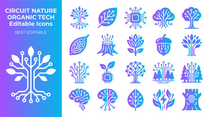 Circuit nature organic tech editable icons tree leaf acorn brain. © PolashMONI