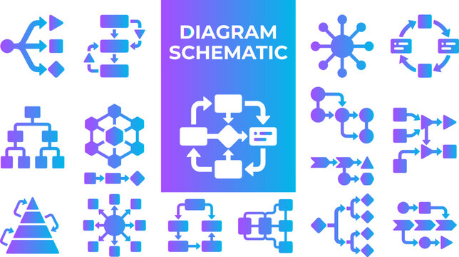 Diagram schematic icons and symbols for flowchart and process visualization with gradient.