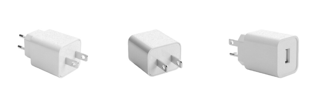 Set and collection of compact white electronic wall charger adapter plug phone accessory isolated on white transparent png background