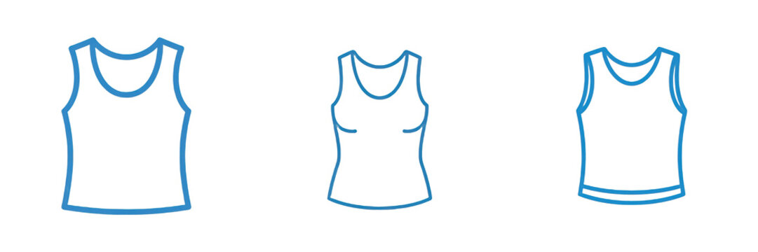 Set and collection of classic blue outline linear women tank top sleeveless shirt icon isolated on white transparent png background