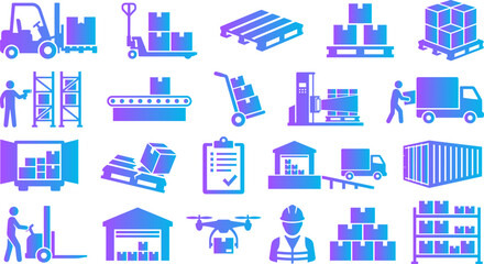 Fototapeta premium Logistics and delivery icons set warehouse transport industry equipment and cargo services.