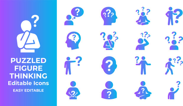 Puzzled figure thinking icons set human contemplation and confusion concepts with question marks.