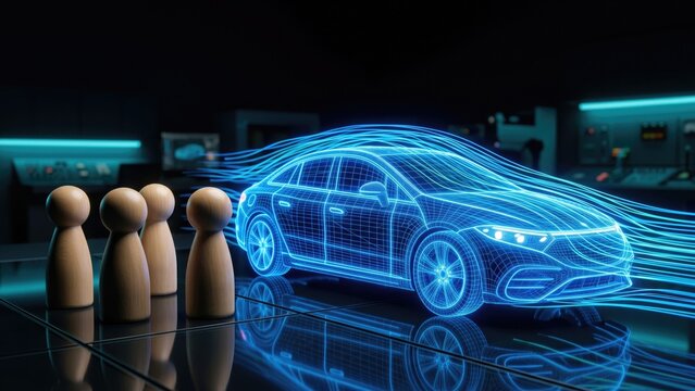 Wooden figures observing a luxury sedan model in a glowing wind tunnel, conceptualizing aerodynamic testing and forward automotive engineering.