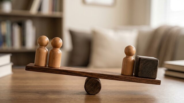 Wooden peg figures balancing on a wooden scale, conceptualizing psychological stability, stress management, and emotional regulation.