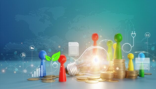 Colorful game pawns surround glowing lightbulb and stacked gold coins on teal digital background.