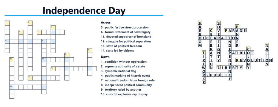 Independence Day crossword puzzle and word search layout  