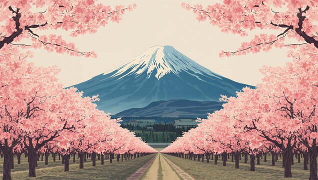 桜と富士山を余白とともに配置した春の日本観光ポスター素材