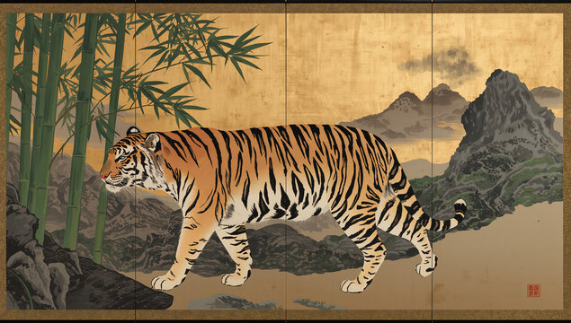 金屏風に竹林を歩く虎と霞む山を描いた力強い和風イラスト