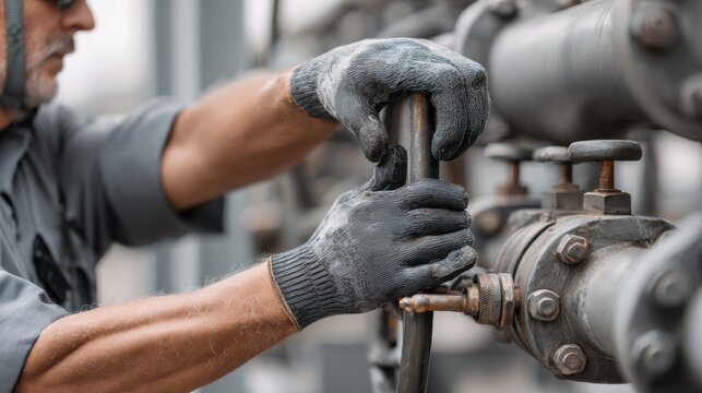 Close up of industrial worker repairing pipeline valve at oil and gas refinery. Technician wearing protective gloves performing maintenance on petroleum factory equipment and piping system