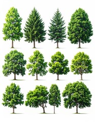 Fototapeta premium Collection of diverse deciduous and coniferous trees, various shapes and sizes