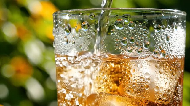 Refreshing Cold Drink with Ice Cubes and Condensation on Glass.