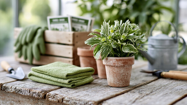 Gardening tools and plants arranged on wooden table indoors  