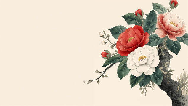 淡い背景に赤と白の椿の枝を描いた冬の祝い向け和風イラスト