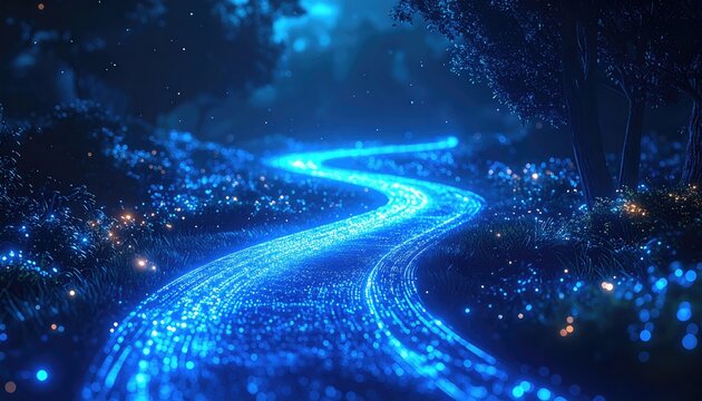 A winding path of shimmering blue light guides through a dark, magical forest