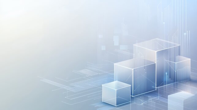 Abstract futuristic 3D glass bar chart background with glowing light trails and digital data lines for business growth concept