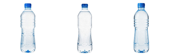 Naklejka premium Clear Plastic Water Bottle with Pure Mineral Water Set Isolated on Transparent Background, Hydration Drink PNG Collection