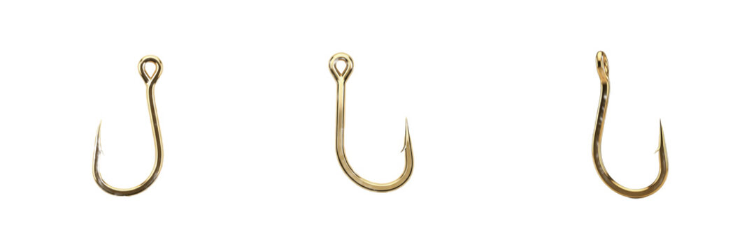 Metallic Golden Fishing Hook Sharp Fishhook Tackle Set Isolated on Transparent Background, Fishing Equipment PNG Collection