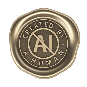 Wax seal "Created by a human", No-AI golden icon. 3D Render with transparent background.
