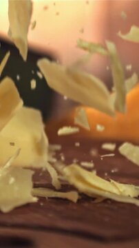 Parmesan cheese falls on a wooden board. Filmed on a high-speed camera at 1000 fps. High quality FullHD footage
