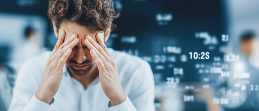 
Exhausted male professional buries face amid floating financial numbers in blurred corporate background.