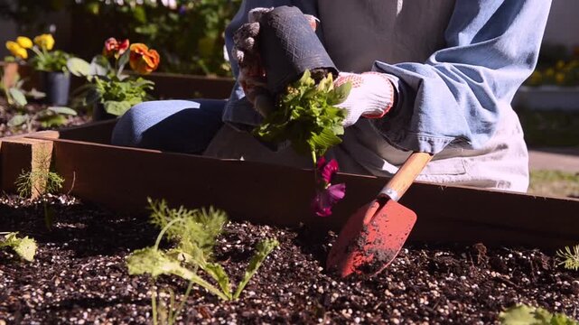 Woman with beige apron and white gloves transplanting red flowers in a raised kitchen garden bed at home.	Real time video. 