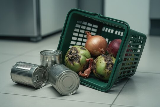 Grocery basket tipped with onions, bruised fruit and canned goods on floor