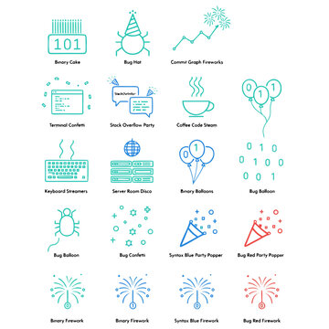 Programmer Celebration Icons Vector Binary Code Party Bug Software Development Set