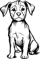 Fototapeta premium Cute puppy sitting illustration hand drawn black ink sketch portrait of young dog isolated on gray checkerboard background art.