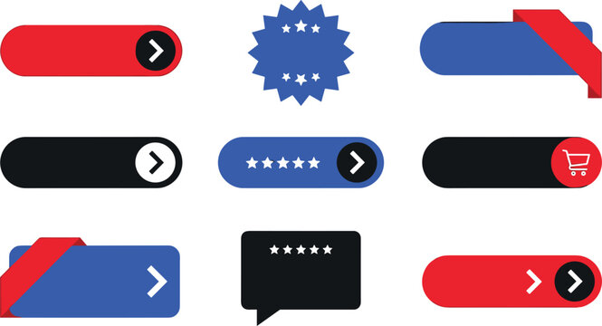 Web button call to action vector set featuring ui elements ribbon banners star ratings and shopping cart icons