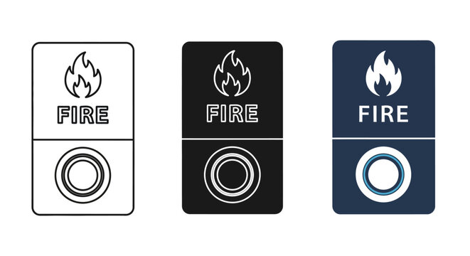 Fire alarm button icons in three distinct styles outline, solid black, and color with fire symbol