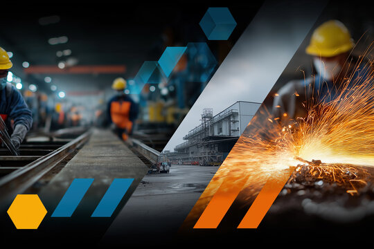 Dynamic triptych showcases industrial railway workers, shipyard construction, and vivid welding sparks.
