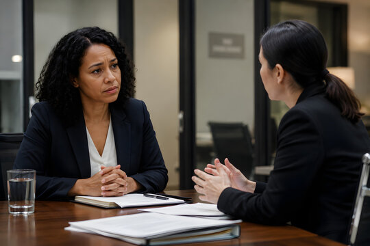 Professional employee discussing workplace misconduct case with HR representative or legal advisor in modern office, serious corporate meeting, emotional realism, business ethics concept.
