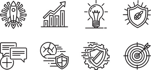 Modern Strategic Marketing and Creative Innovation Symbols Pack with Rocket Launch, Financial Graph Upward, Idea Bulb, Shield Protection, and Target Bullseye Elements © rofikgraph24