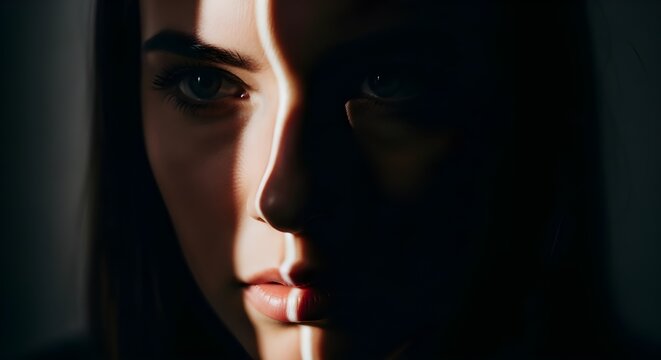 Close up portrait of a young woman with a sharp beam of light cutting across her face creating a dramatic and mysterious aesthetic in this photo