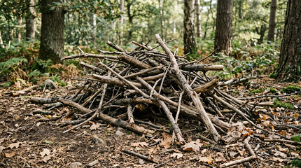 Fototapeta premium Wooden logs stacked neatly in a forest, autumn foliage as background 