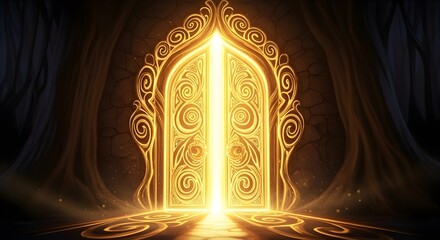 Ornate golden gateway glowing with mystical light stands within a dark forest clearing in this artistic digital image capturing a portal to a magical fantasy realm © Asghar