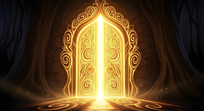 Ornate golden gateway glowing with mystical light stands within a dark forest clearing in this artistic digital image capturing a portal to a magical fantasy realm