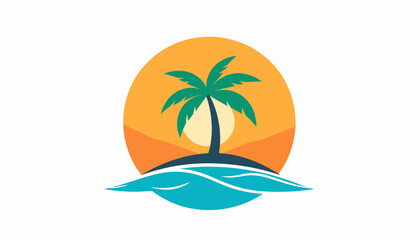 Obraz premium Tropical palm tree on island with blue ocean waves.