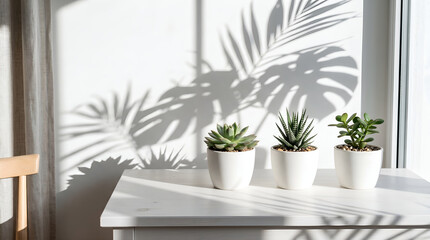 Fototapeta premium Succulent Plants on White Table with Leaf Shadows