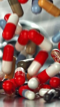 Stethoscope rests over scattered capsules on exam table highlighting Filmed on a high-speed camera at 1000 fps.