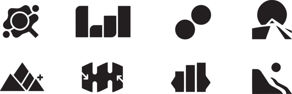 Abstract Geometric Monogram and Hexagonal Shield Bold Icon Set - Modern Interlocking Crossbar Loop, Concentric Target Disc, Modular Grid, and Solid Corporate Branding Symbols