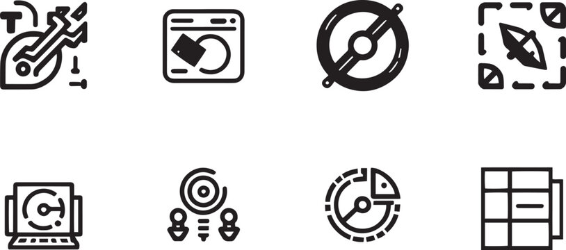 Abstract Geometric Monogram and Interlocking Link Bold Icon Set - Modern Hexagonal Grid, Concentric Target Ring, Crossbar Junction, and Solid Corporate Branding Symbols