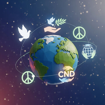 Global Peace and Unity Concept with Earth, Doves, and Peace Symbols in Cosmic Background