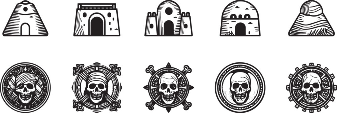 Vintage Pirate Skull and Ancient Fortress Icon Set - Hand Drawn Jolly Roger Medallion, Nautical Ship Wheel, Mud Hut, and Retro Adventure Emblems