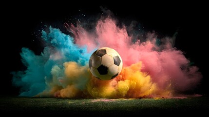 Fototapeta premium Football Explosion: A soccer ball bursts through a cloud of vibrant colored powder, creating a dramatic and energetic visual spectacle against a dark background.