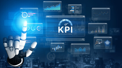 Naklejka premium An AI assistant manages a business intelligence dashboard, tracking Key Performance Indicators (KPI) in real-time. This smart system visualizes data and measures performance. Fermion